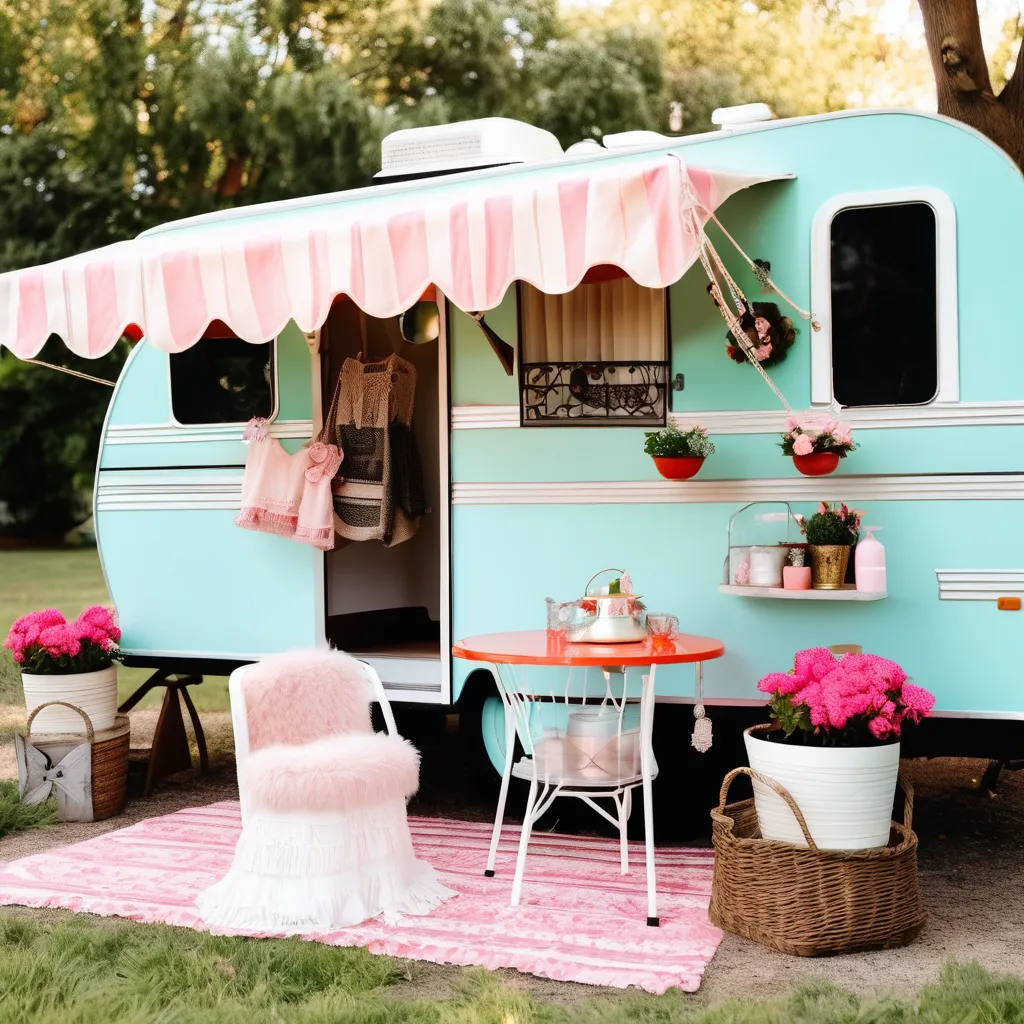 A baby blue vintage travel trailer with pink awning, rug, table and chair, and potted plants